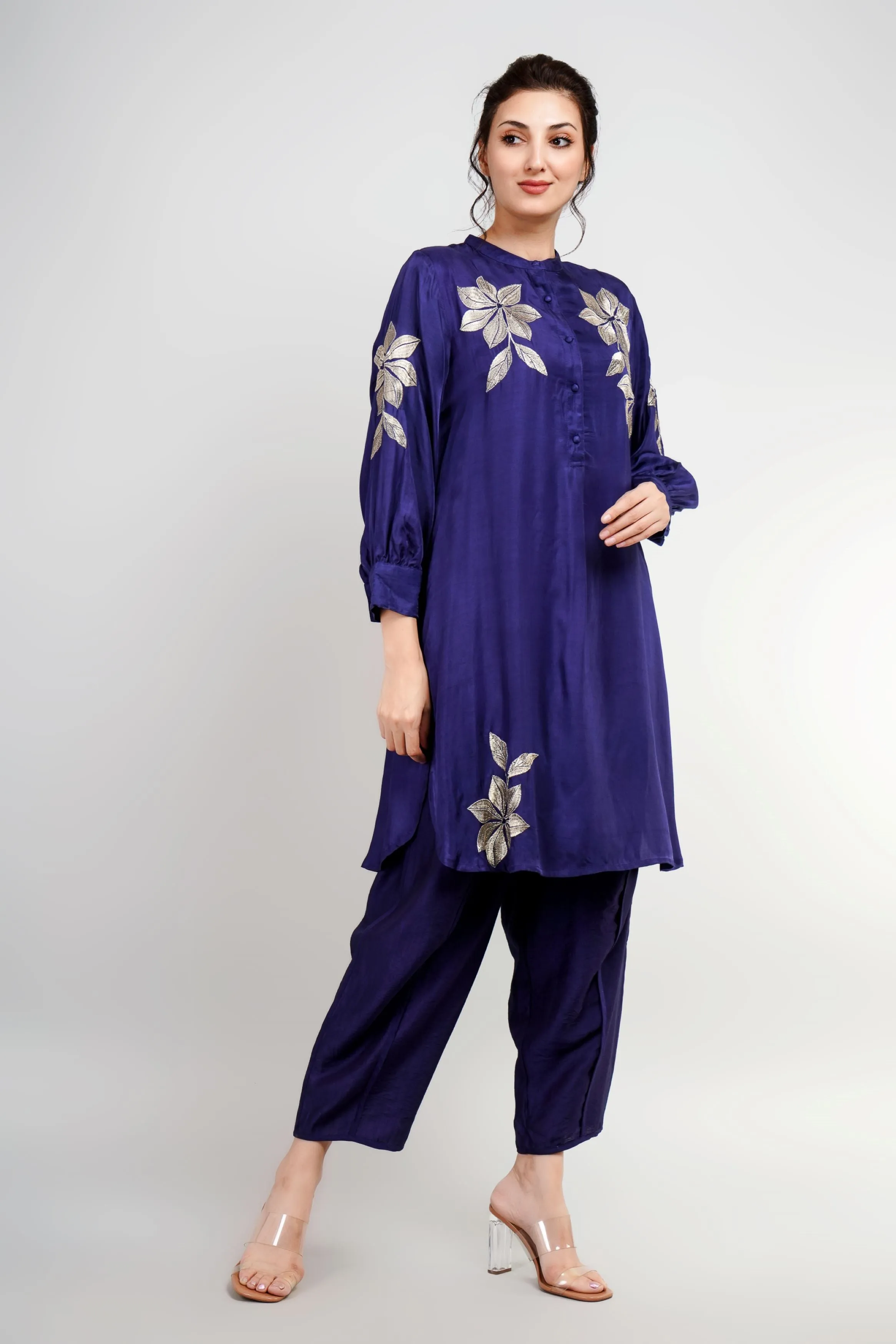 Deep Blue Embroidered Belgium Linen Co-Ord Set