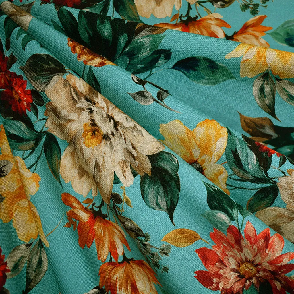 Designer Colorful Autumn Floral Rayon Challis Turquoise/Rust