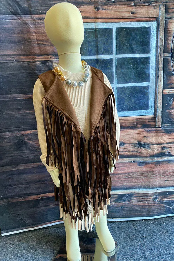 DLH2593 Western brown suede cowgirl sleeveless fringe vest