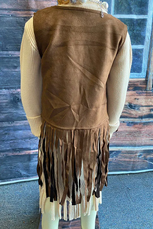 DLH2593 Western brown suede cowgirl sleeveless fringe vest