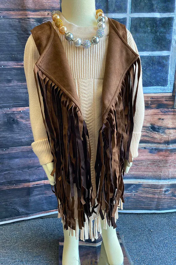 DLH2593 Western brown suede cowgirl sleeveless fringe vest