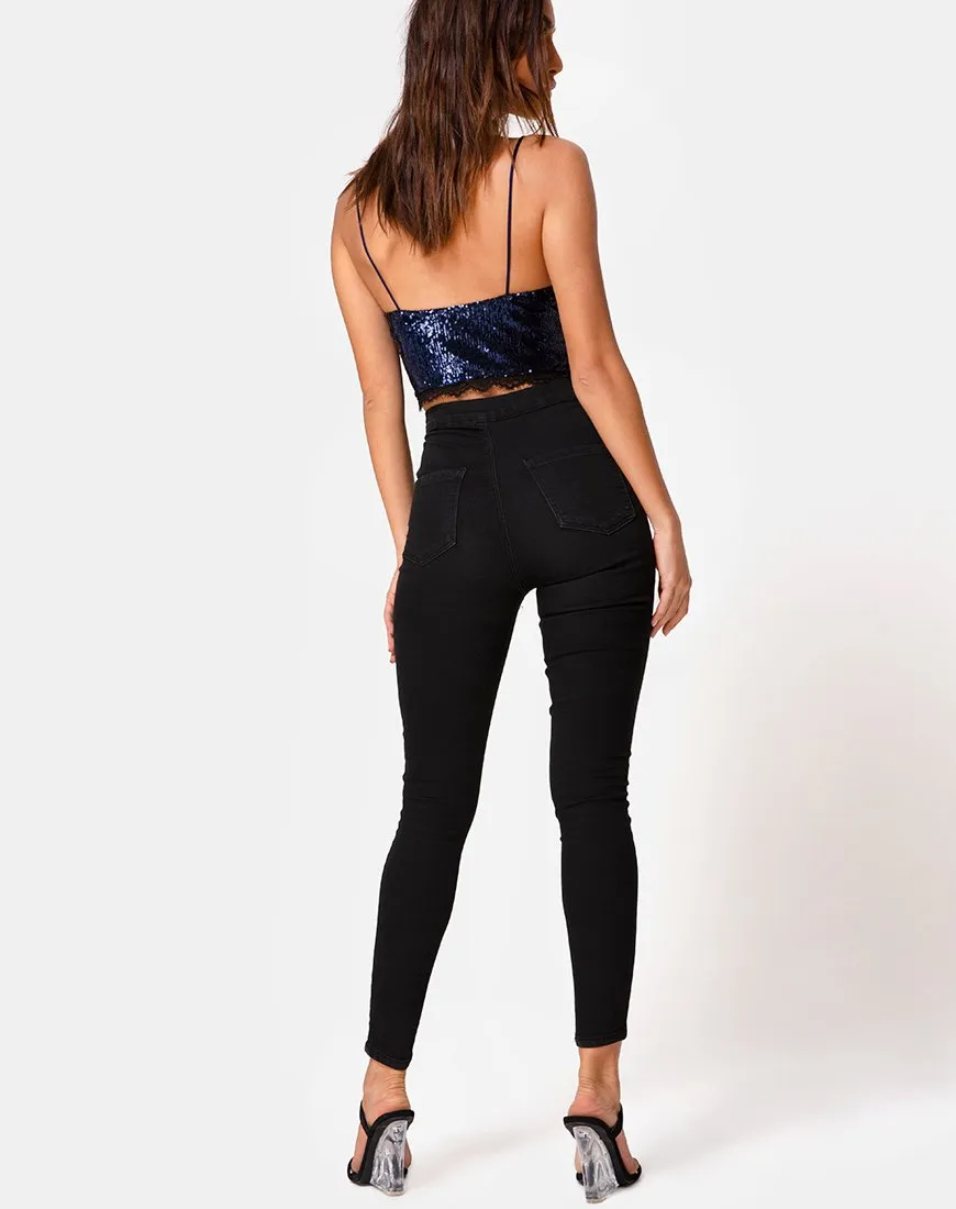 Drilly Crop Top in Midnight Mini Sequin with Black Lace