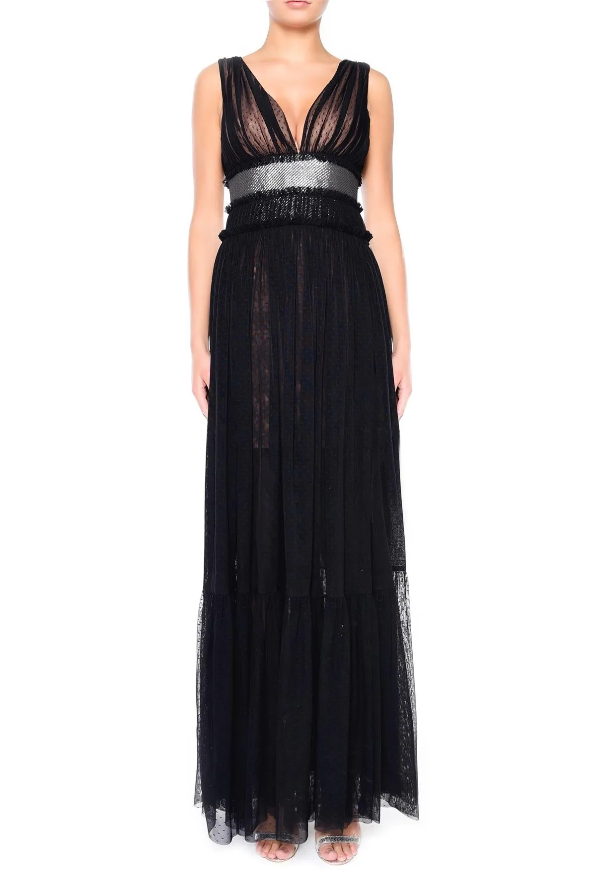 Eve Black Nude Plunge-Front Shimmer Belt Maxi Dress