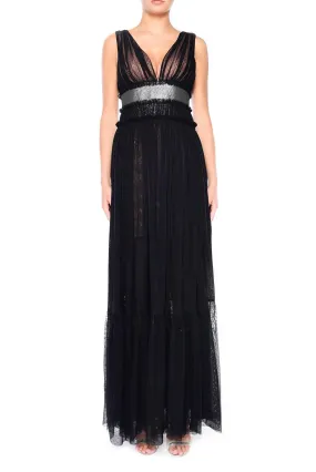 Eve Black Nude Plunge-Front Shimmer Belt Maxi Dress