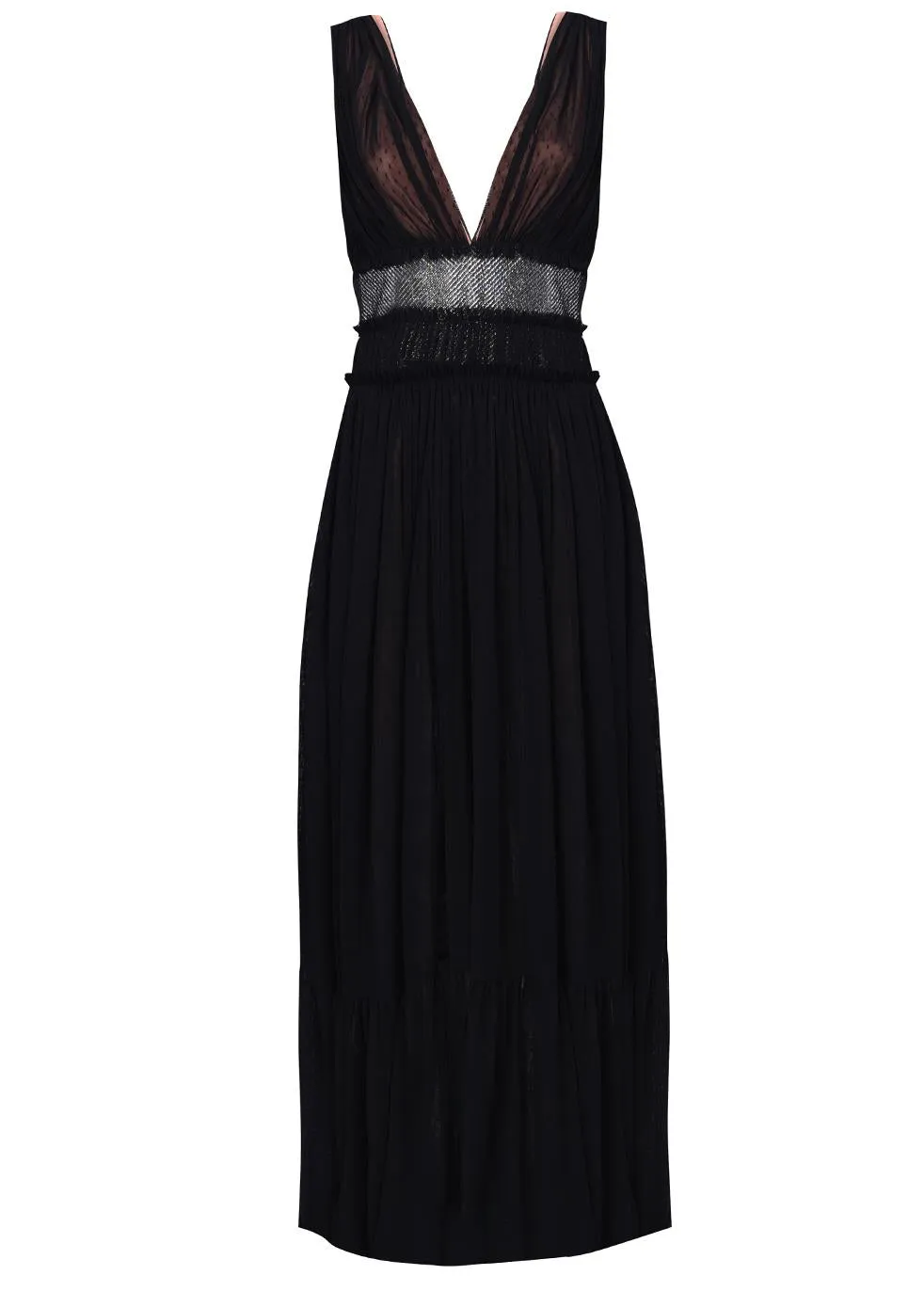 Eve Black Nude Plunge-Front Shimmer Belt Maxi Dress