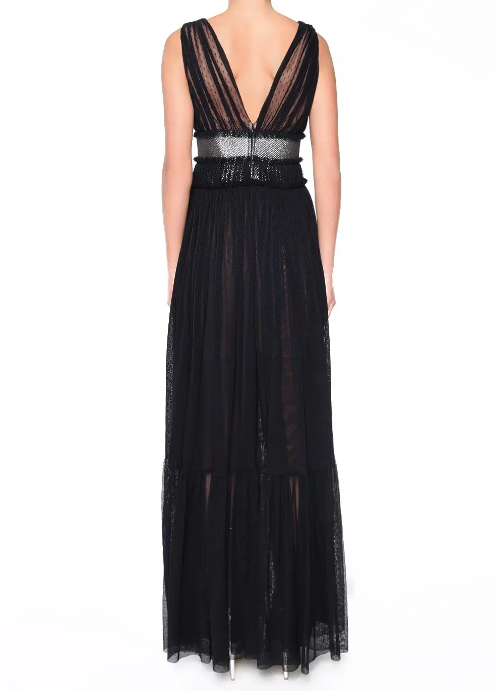 Eve Black Nude Plunge-Front Shimmer Belt Maxi Dress