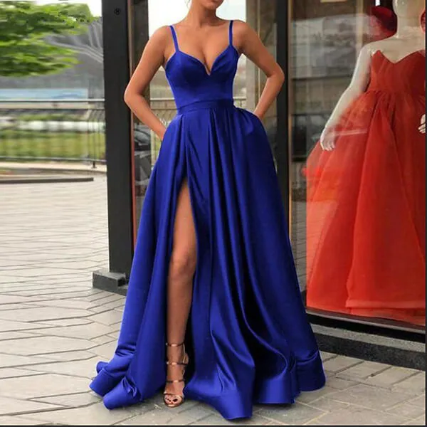 Fancy Royal Blue Satin A Line V Neck Prom Dresses, Evening Dresses, SP676