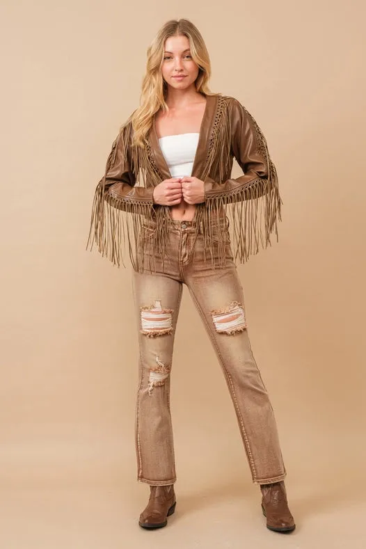 Faux Leather Braided Fringe Open Crop Jacket