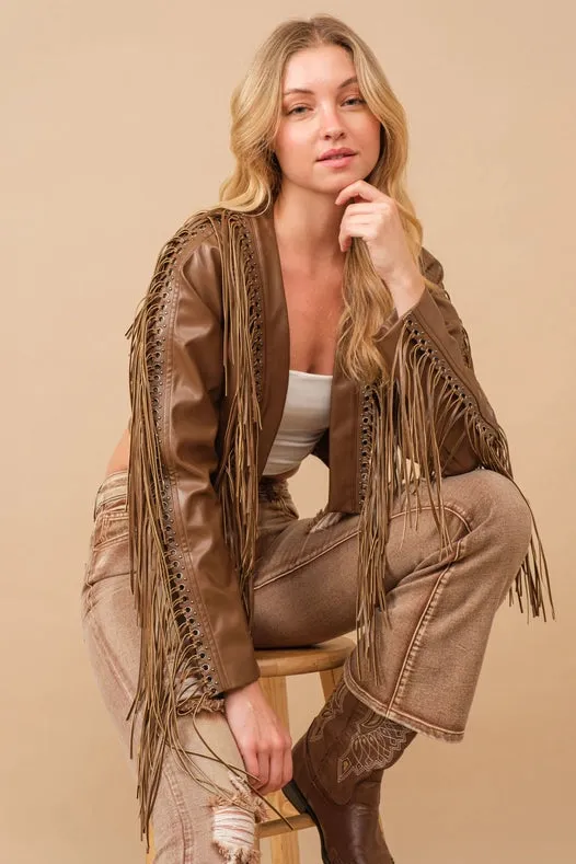 Faux Leather Braided Fringe Open Crop Jacket