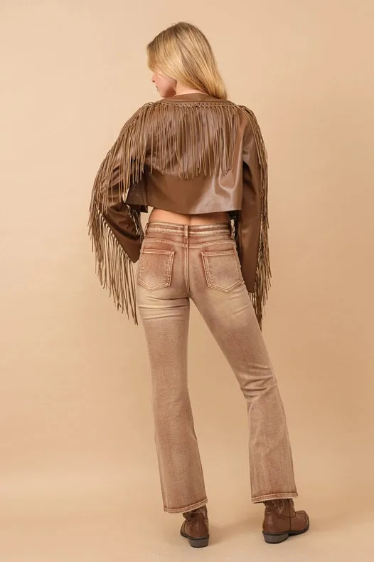 Faux Leather Braided Fringe Open Crop Jacket