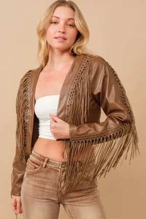 Faux Leather Braided Fringe Open Crop Jacket