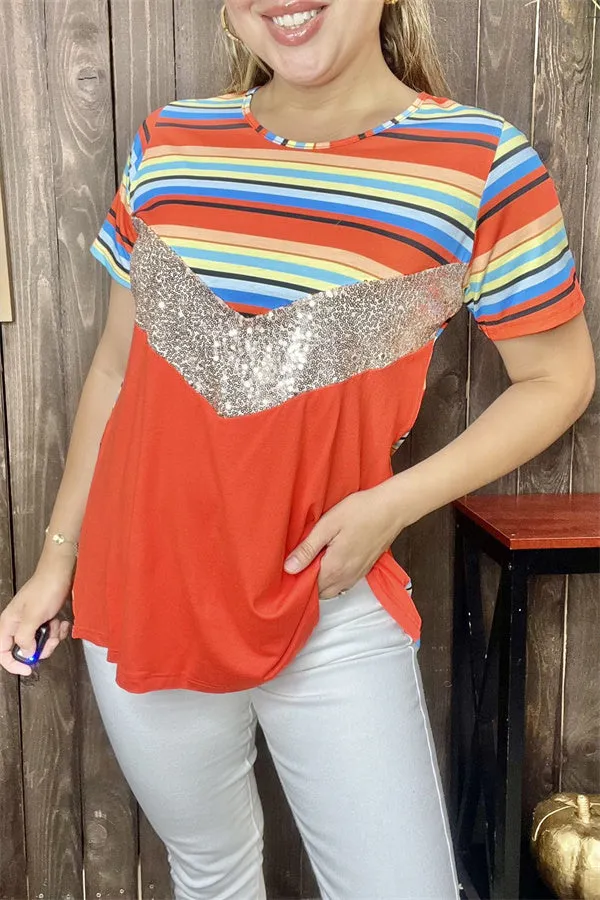 FW9812 Block orange/multi color striped short sleeve top w/sequin for women( CS6 )