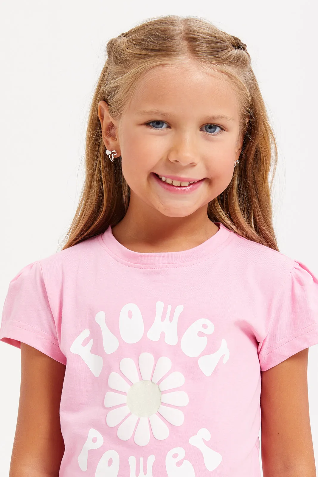 Girls Pink Flower Print T-Shirt