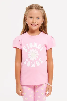 Girls Pink Flower Print T-Shirt