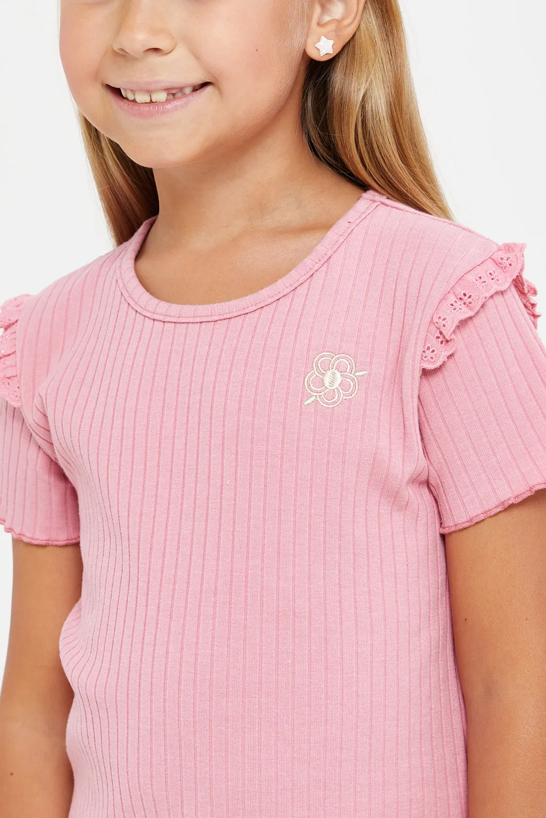 Girls Pink Ribbed Ruffles Sleeve T-Shirt