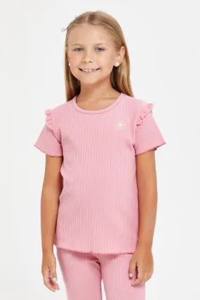 Girls Pink Ribbed Ruffles Sleeve T-Shirt