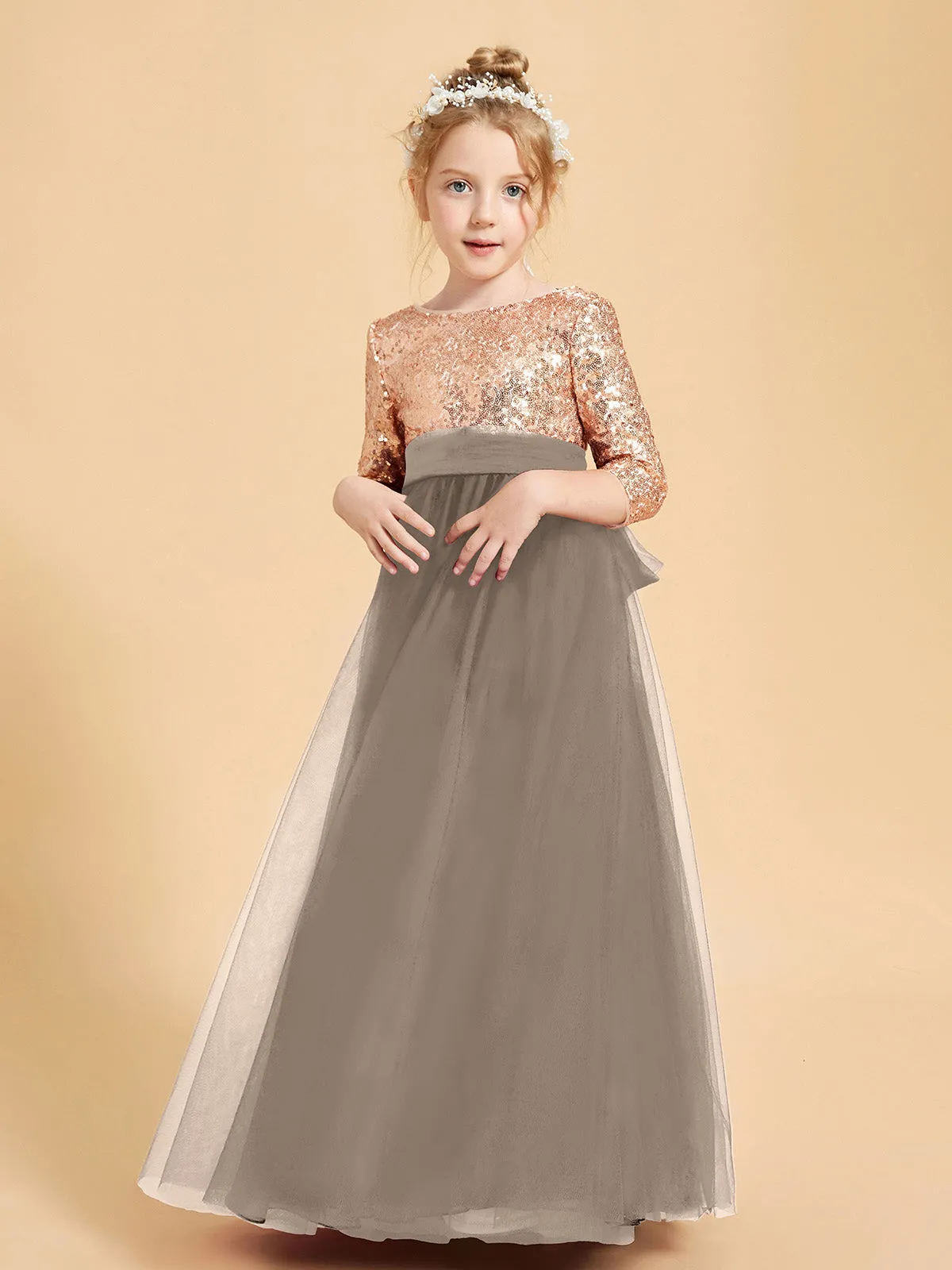 Glamorous Junior Bridesmaid Dresses Sequined Top Taupe