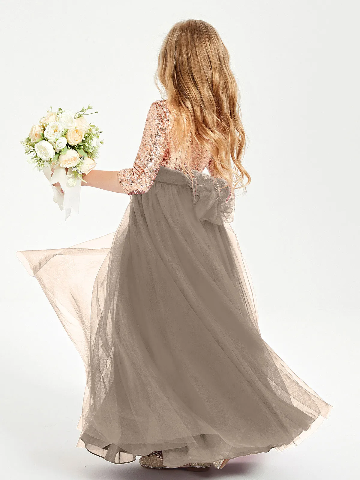 Glamorous Junior Bridesmaid Dresses Sequined Top Taupe