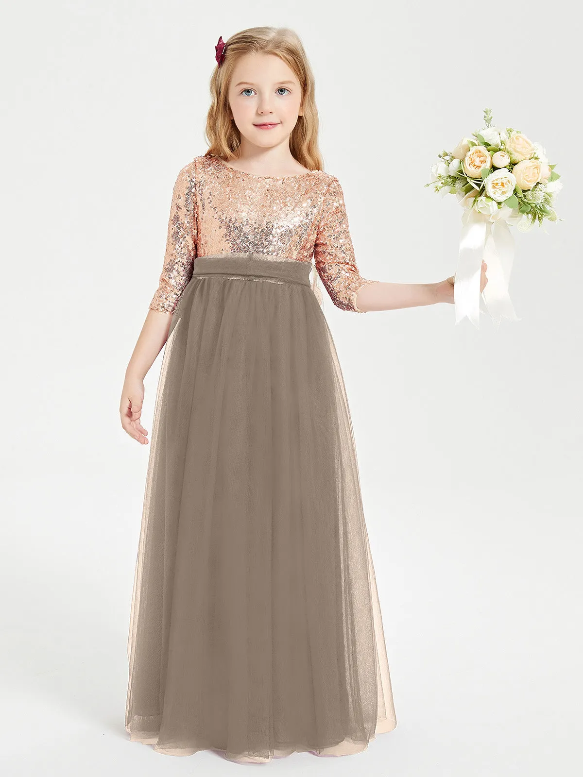 Glamorous Junior Bridesmaid Dresses Sequined Top Taupe