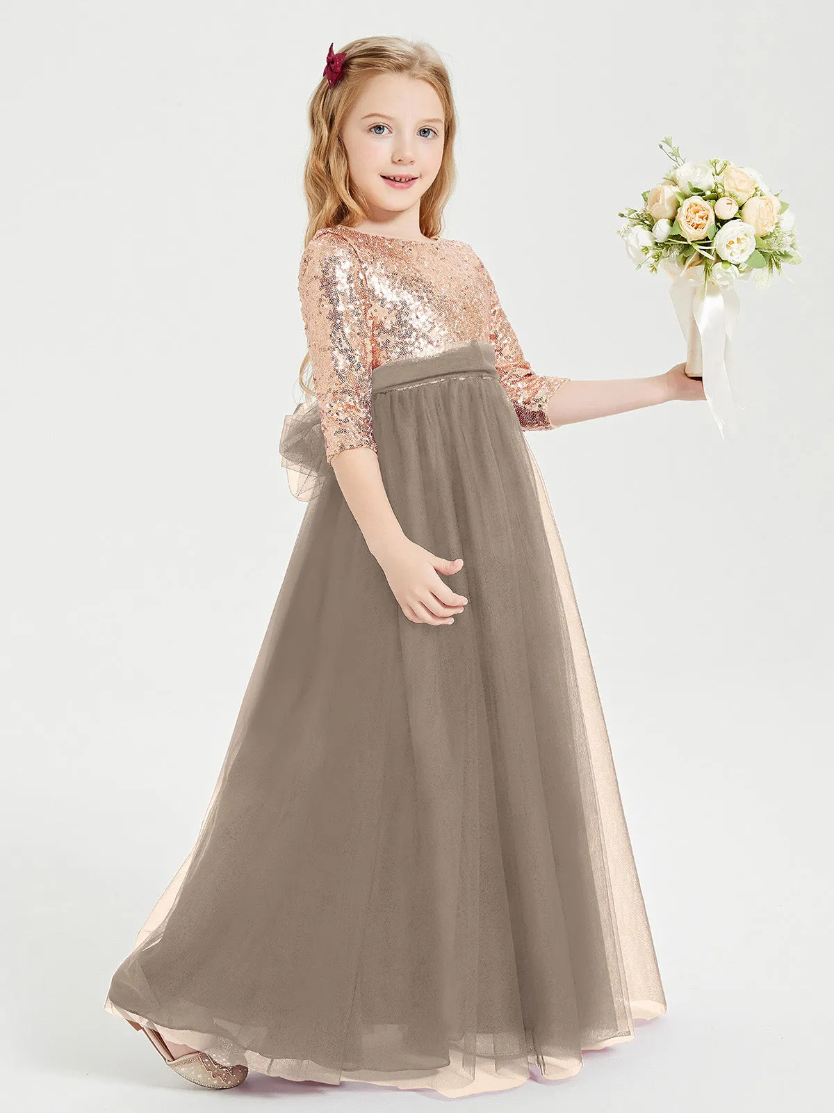 Glamorous Junior Bridesmaid Dresses Sequined Top Taupe