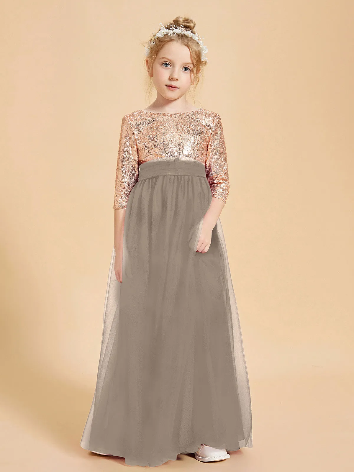 Glamorous Junior Bridesmaid Dresses Sequined Top Taupe