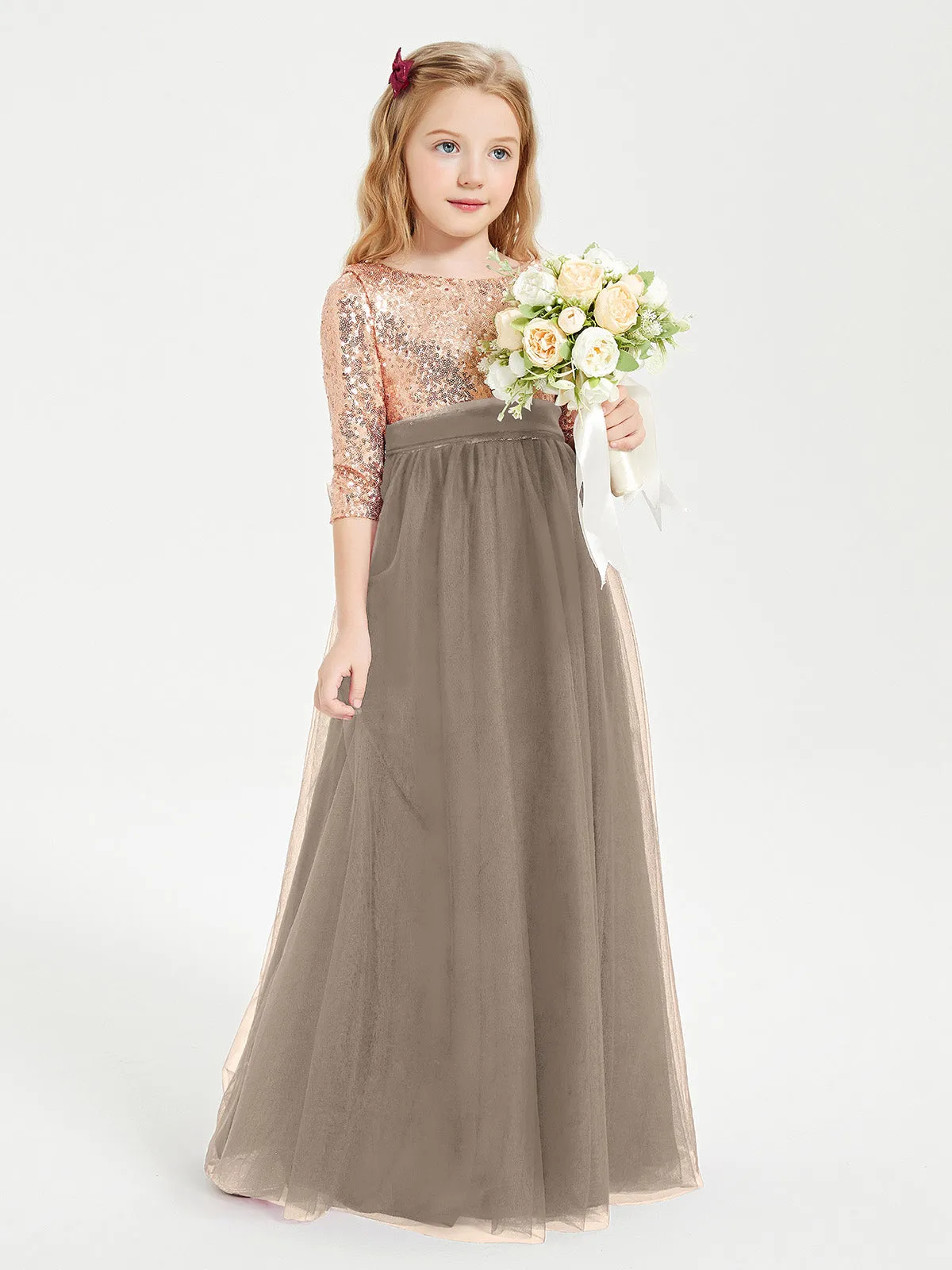 Glamorous Junior Bridesmaid Dresses Sequined Top Taupe