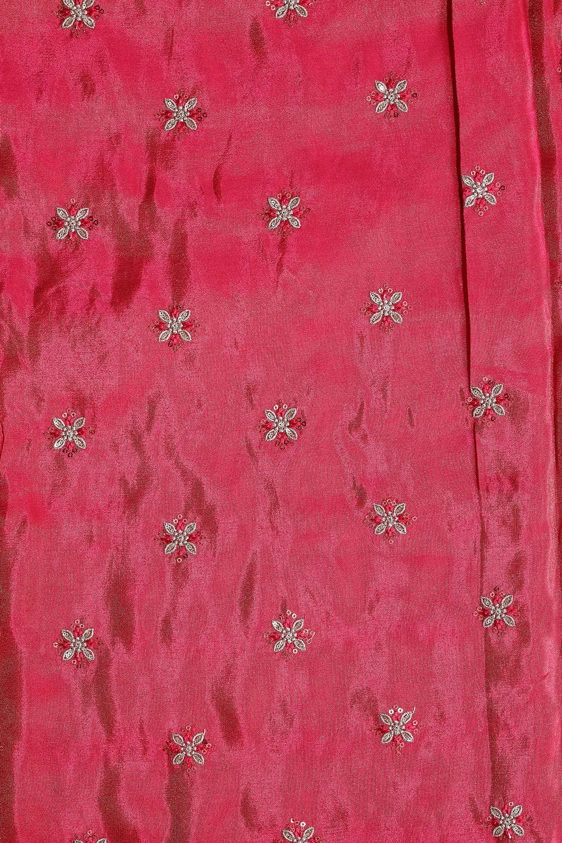 Gold Sequins And Zari Floral Booti Embroidery Work On Cerise Pink Pure Viscose Zari Tissue Fabric