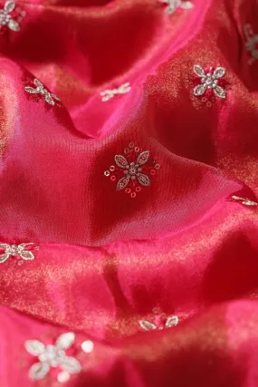 Gold Sequins And Zari Floral Booti Embroidery Work On Cerise Pink Pure Viscose Zari Tissue Fabric