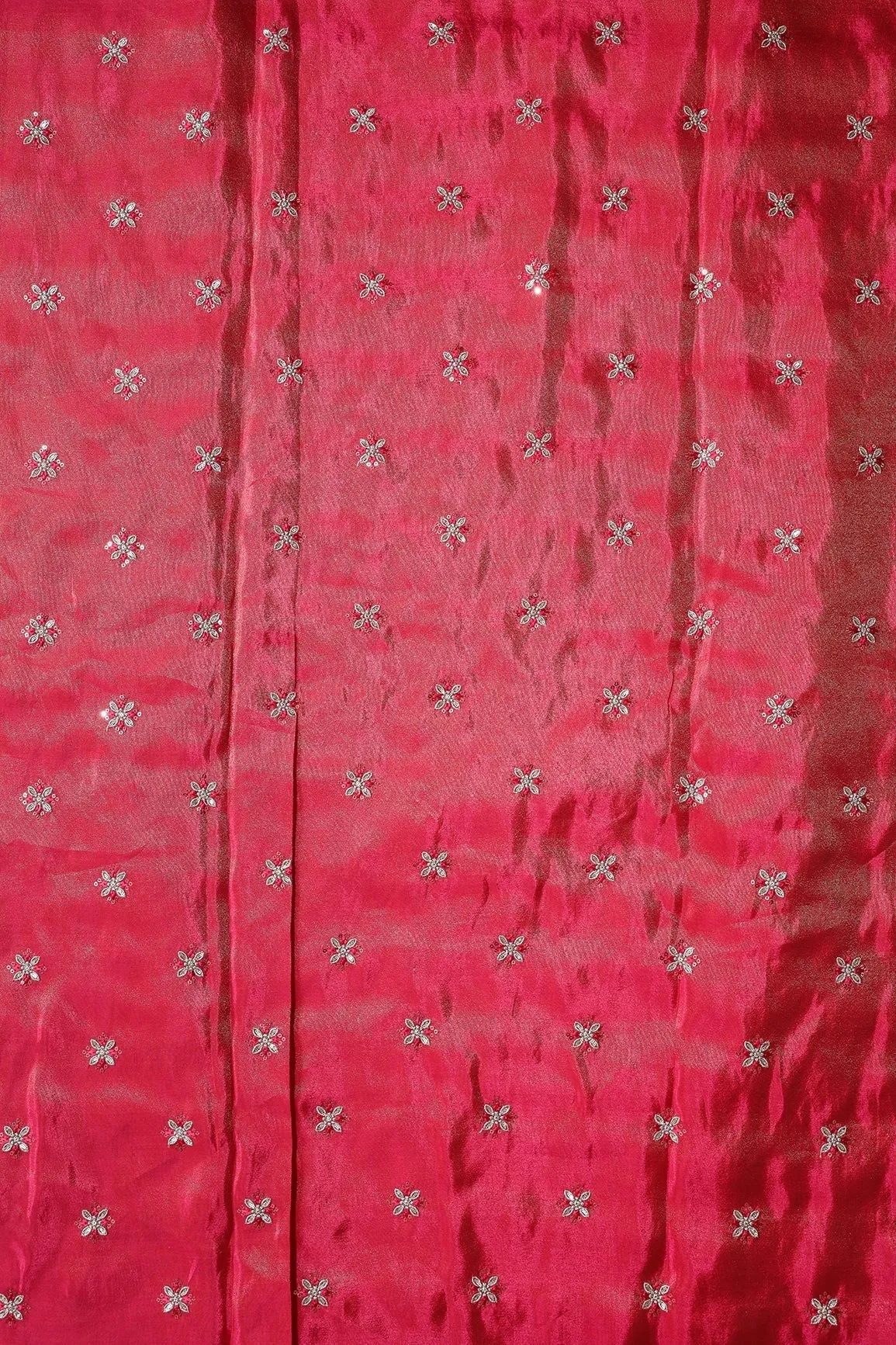 Gold Sequins And Zari Floral Booti Embroidery Work On Cerise Pink Pure Viscose Zari Tissue Fabric