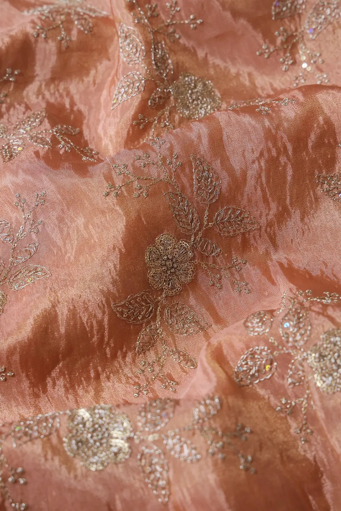 Gold Sequins And Zari Floral Embroidery Work On Peach Pure Viscose Zari Tissue Fabric