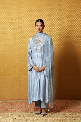 Hand-Embroidered Airy-Blue Pure Silk Kurta-Pants Set