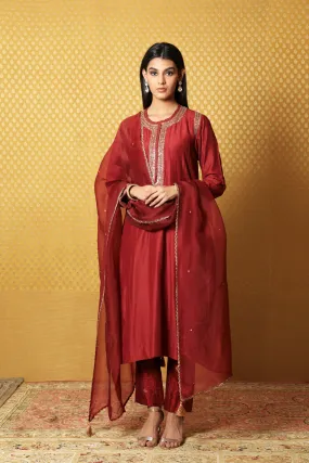 Hand-Embroidered Brick-Maroon Pure Tussar-Georgette Kurta-Pants Set