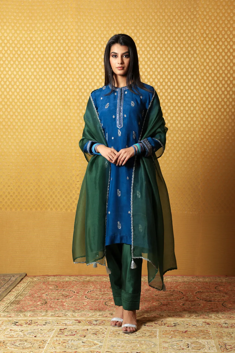 Hand-Embroidered Royal-Blue Pure Katan- Silk Kurta-Pants Set