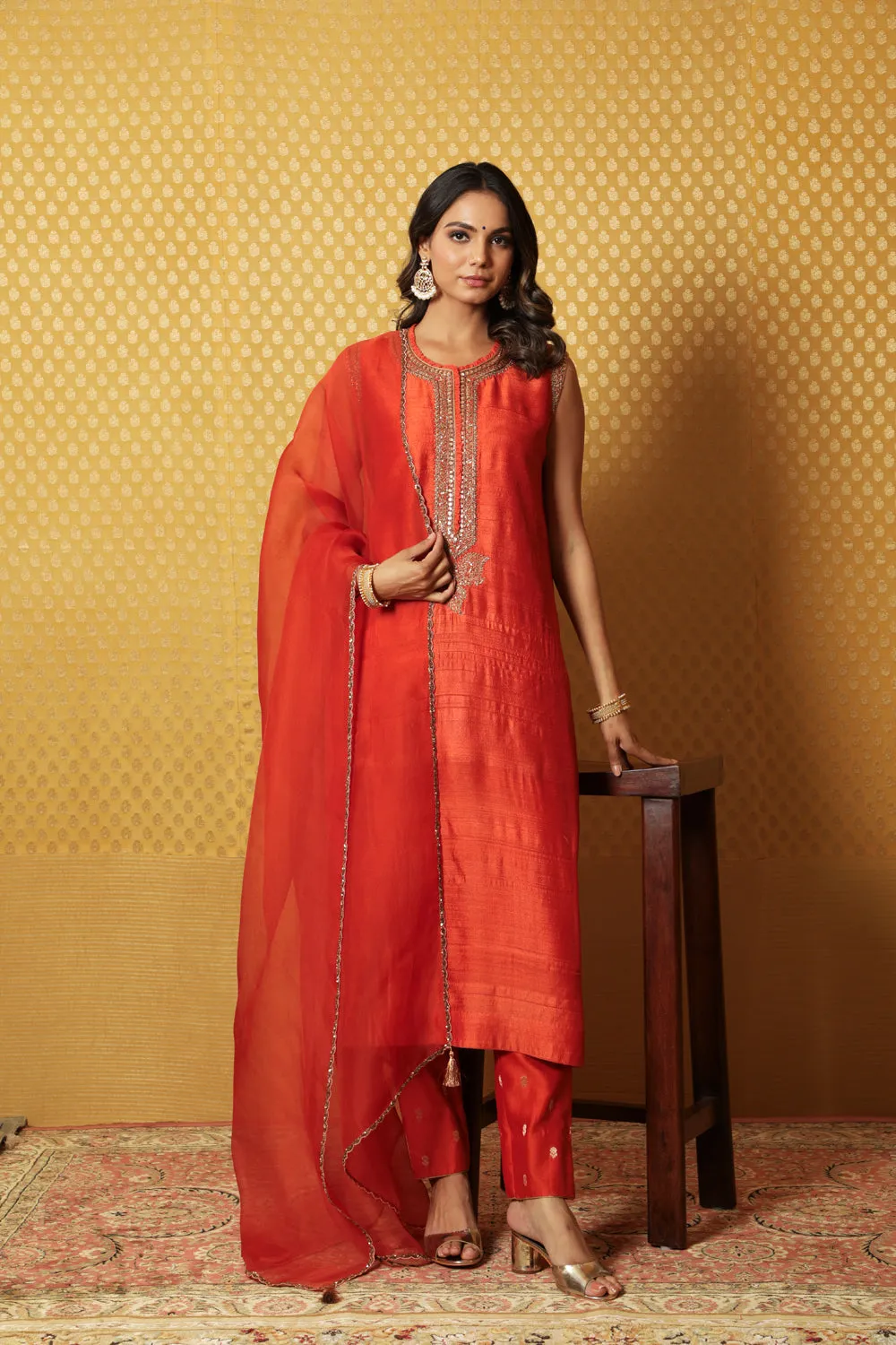 Hand-Embroidered Sinduri-Orange Pure Tussar-Georgette Kurta-Pants Set