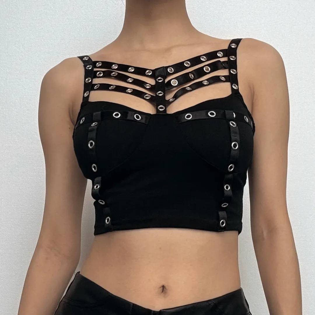 Hollow out backless solid sleeveless crop cut out top