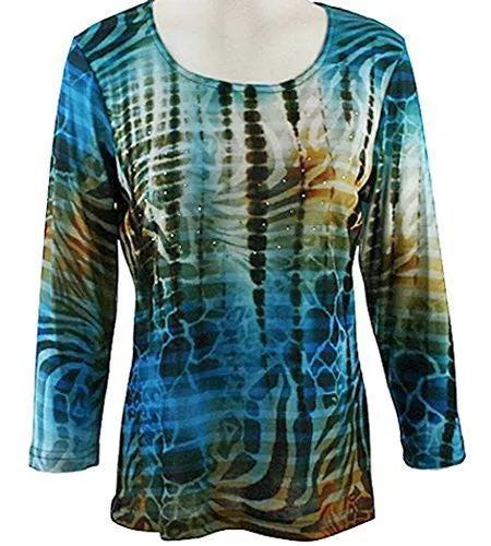 Impulse California - Teal Stripe, Rhinestone Embellished, Scoop Neck Top on a Body