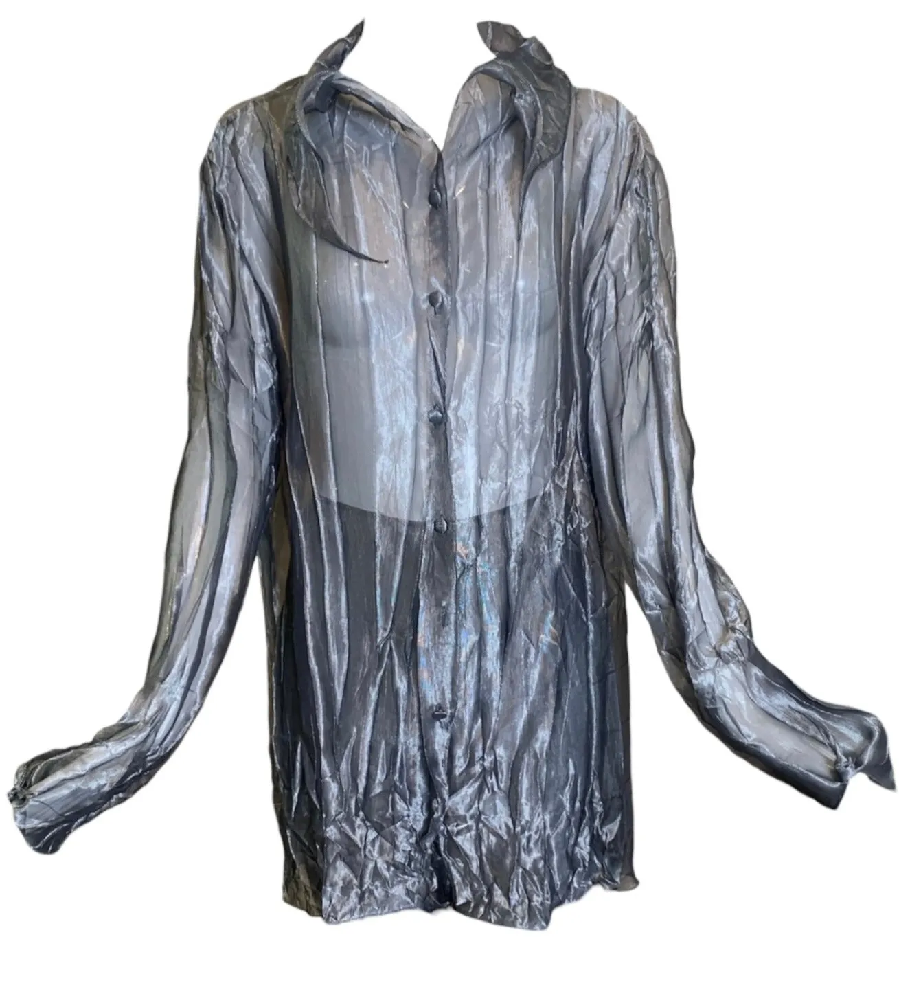 Krizia Y2K Silver Sheer Crinkled Shirt & Pants Ensemble, New/Old