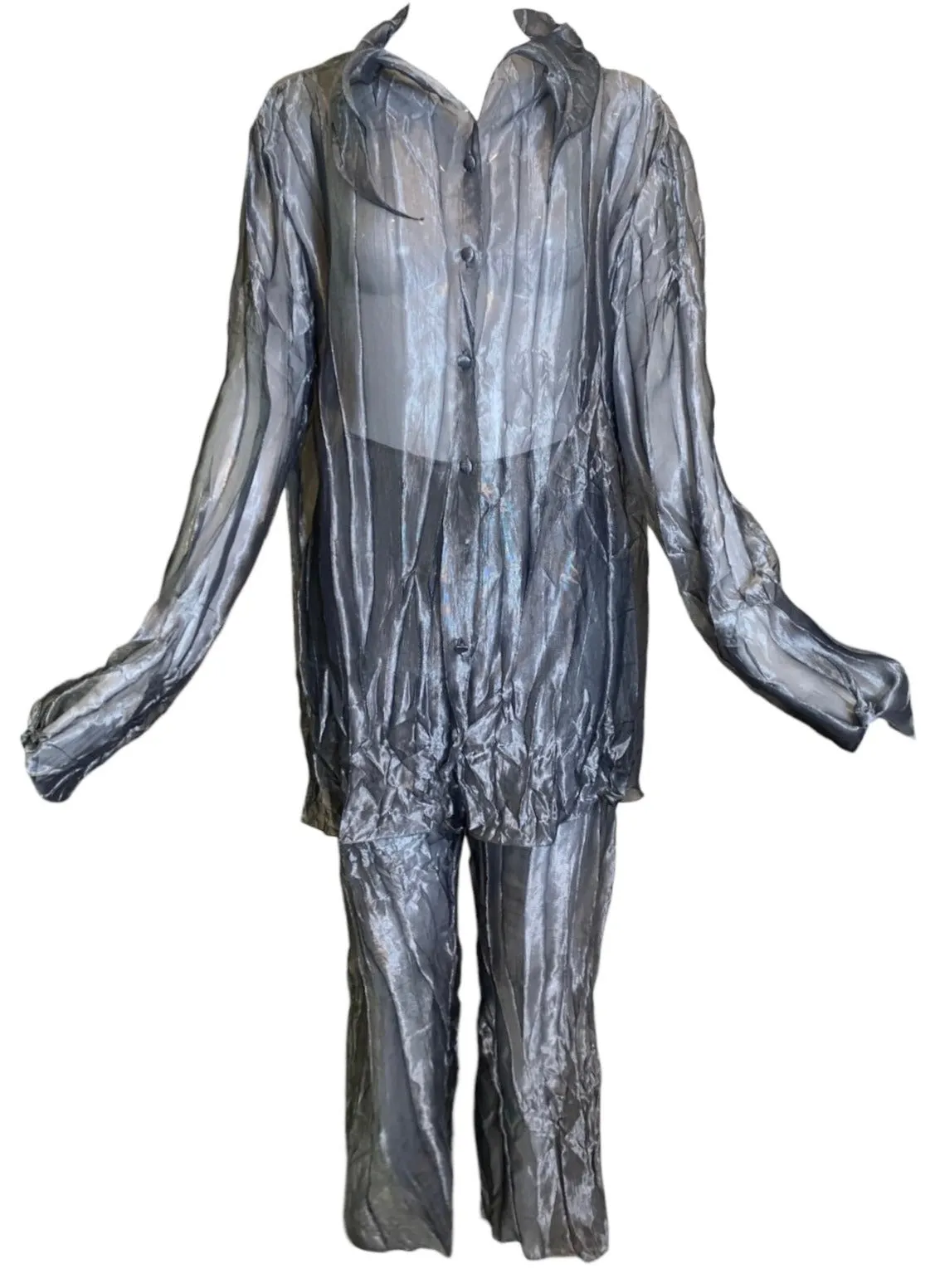 Krizia Y2K Silver Sheer Crinkled Shirt & Pants Ensemble, New/Old