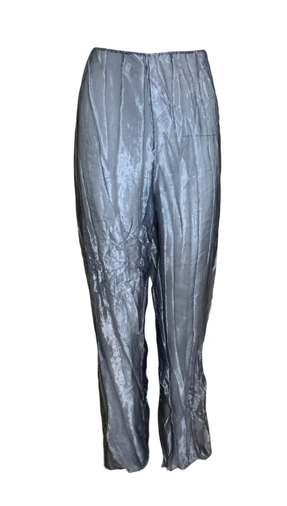 Krizia Y2K Silver Sheer Crinkled Shirt & Pants Ensemble, New/Old