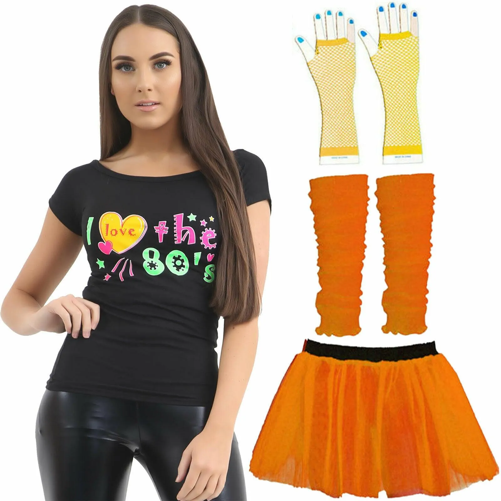 Ladies Orange 3 Layer Tutu T-shirt Gloves Leg Warmers 80s Hen Night Party Set