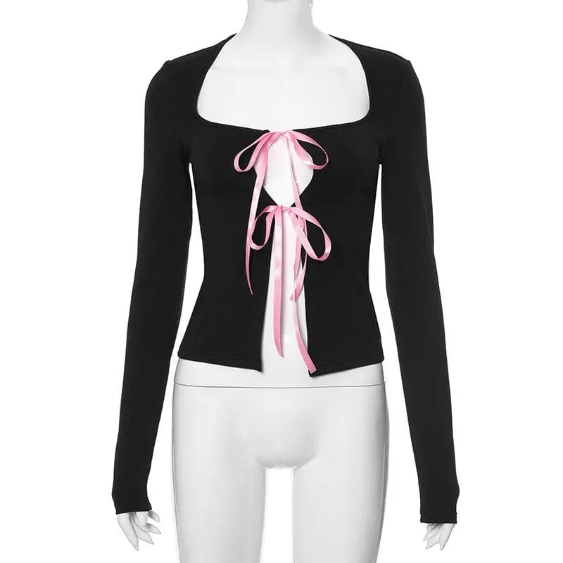 Long sleeve bowknot hollow out ribbon cut out top