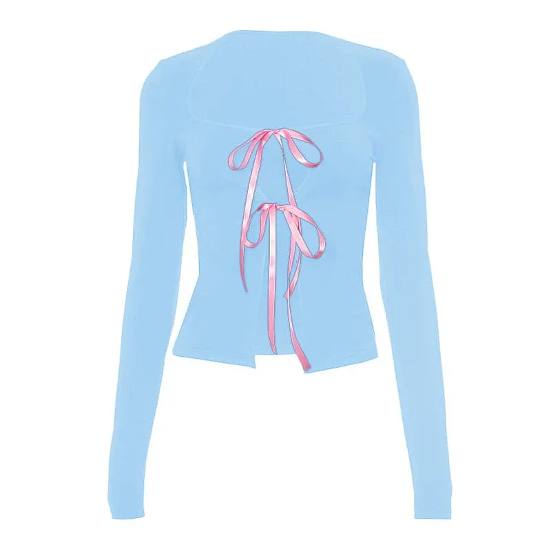 Long sleeve bowknot hollow out ribbon cut out top