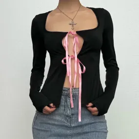 Long sleeve bowknot hollow out ribbon cut out top