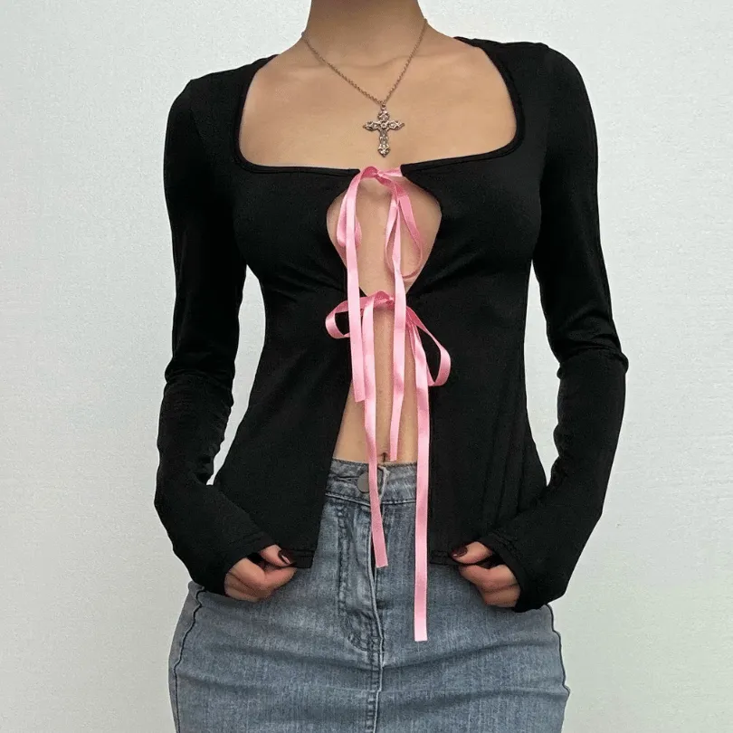 Long sleeve bowknot hollow out ribbon cut out top