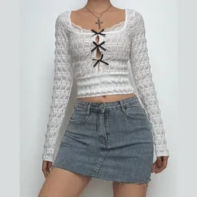 Long sleeve textured bowknot hollow out cut out top