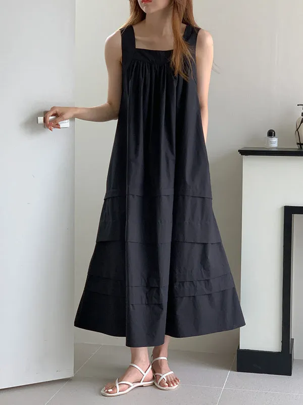 Loose Sleeveless Solid Color Square-Neck Midi Dresses