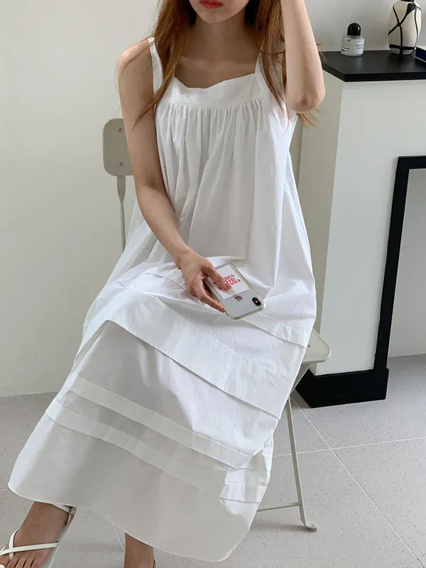 Loose Sleeveless Solid Color Square-Neck Midi Dresses