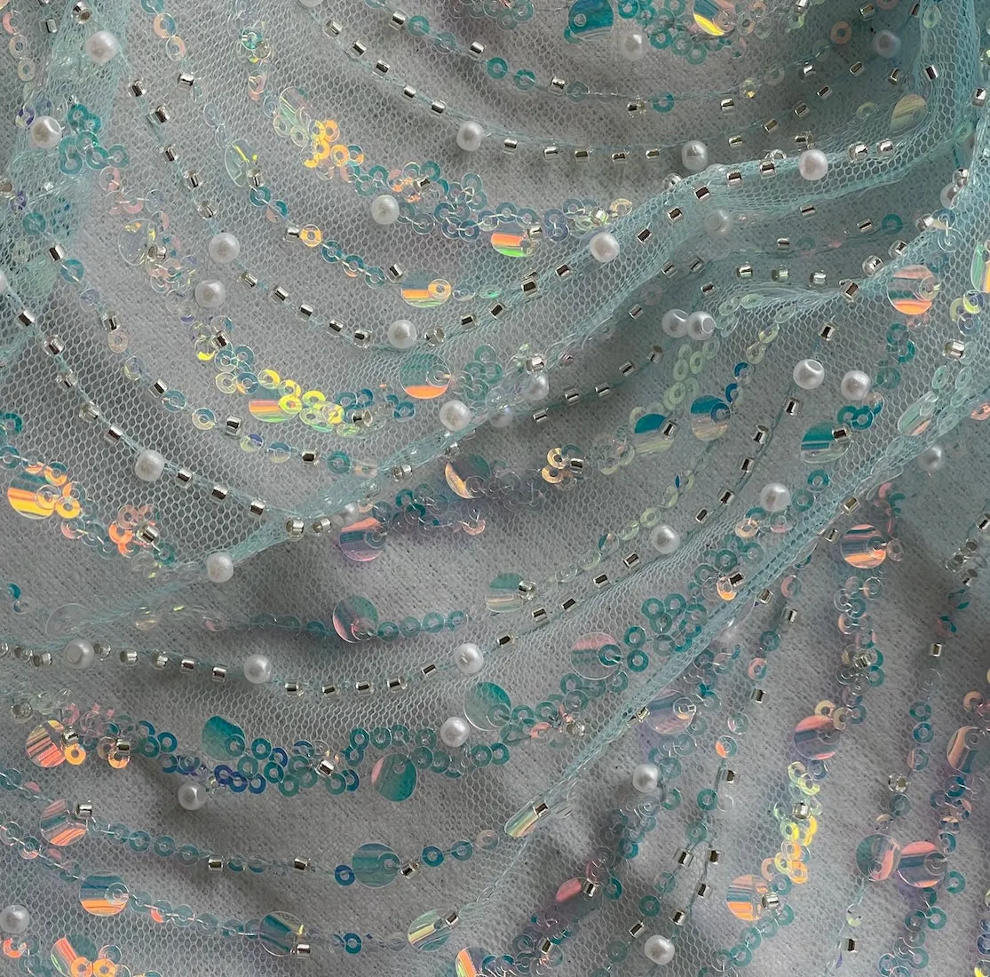 Magical Fairy Dust Aqua Swags Sequins & Pearls on Mesh (Made in Korea)