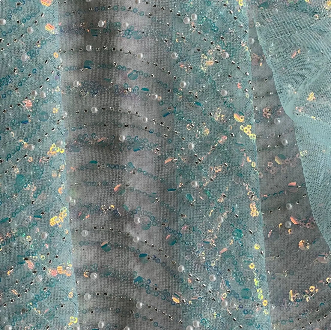 Magical Fairy Dust Aqua Swags Sequins & Pearls on Mesh (Made in Korea)