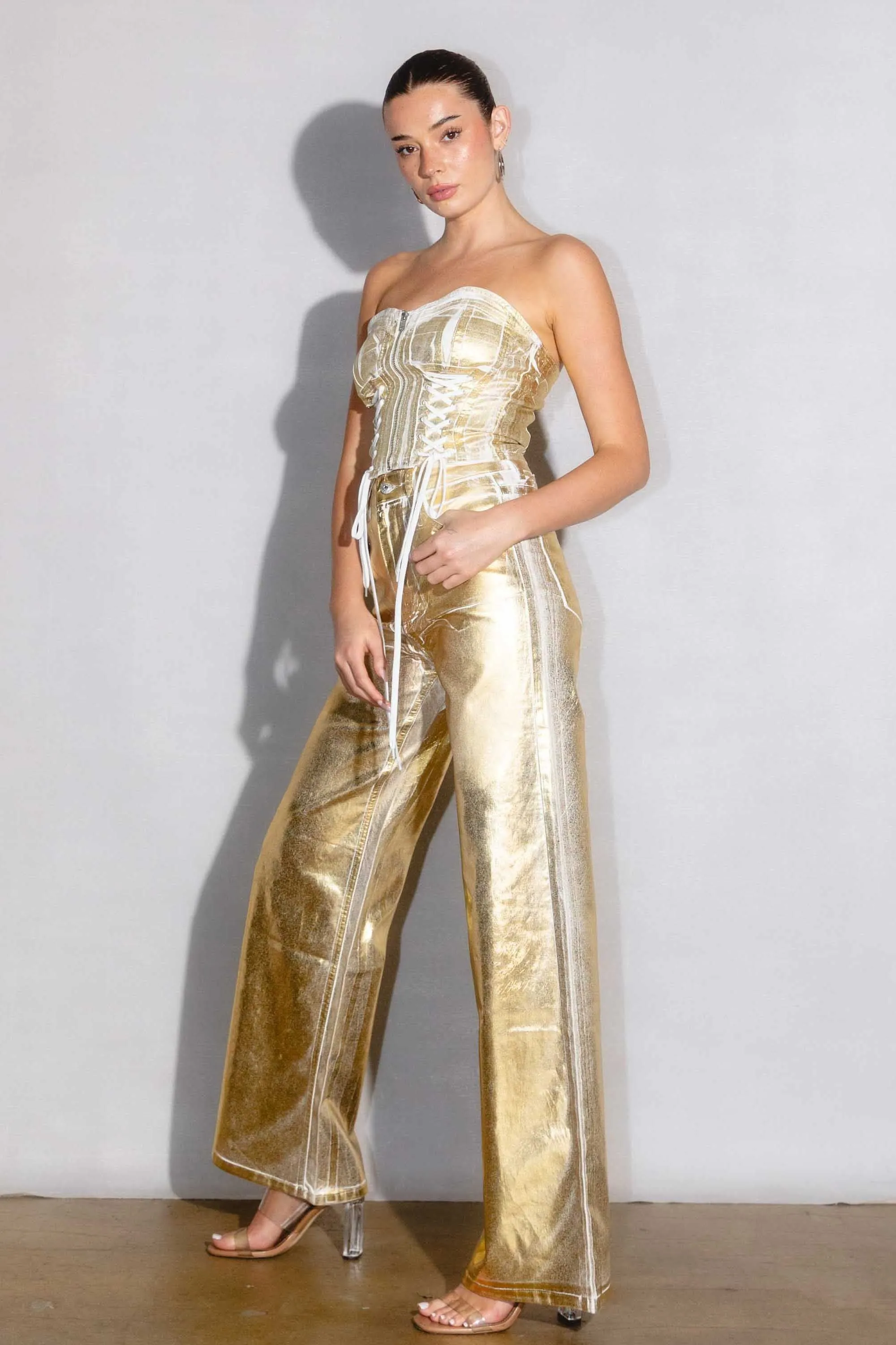 Metallic Foil Wide Leg Pants